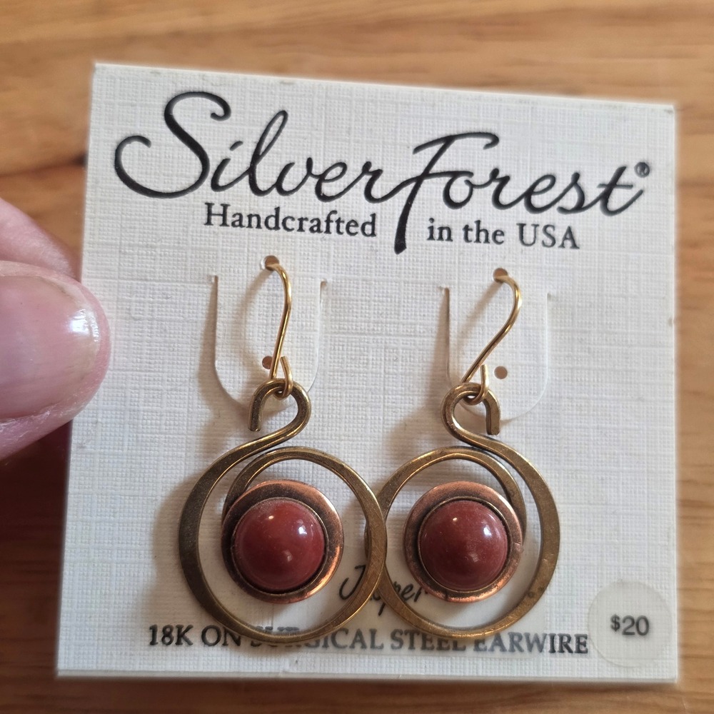 Silver Forest Jasper Earrings Womens OS Brown NEW Handcrafted Swirl NE-1548 USA